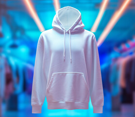 white hoodie sweater photo template with front view isolated on clothing store room background with neon light effect, genetive ai