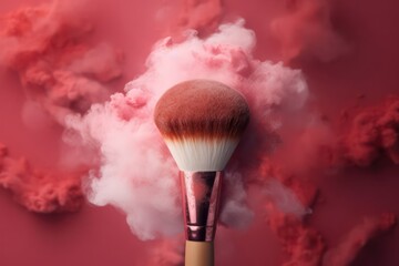 make up brush with pink powder on pink background. generative ai