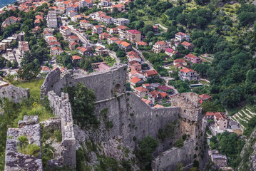 Sticker - Remains of ancient Old Town around St John Fortress in historic part of Kotor town, Montenegro