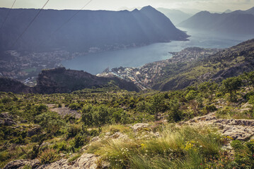 Canvas Print - Aerial view from mountains above historic part of Kotor town in Montenegro