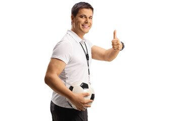 Poster - Football coach holding a ball and gesturing thumbs up