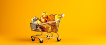 Gifts In Golden Shopping Cart With Copy Space, Yellow Background. Generative AI