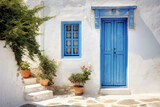 Fototapeta Do pokoju - Blue door on a whitewashed Greek house. Mediterranean style. Generative AI