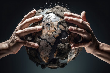 Hands crush the earth globe. Environmental issues. Destroying the Earth. Generative AI