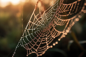 spiderweb rain close up background. partial blur view lines spider web necklace. generative ai