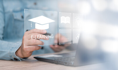 Fototapete - Concept of Online education. man use Online education training and e-learning webinar on internet for personal development and professional qualifications. Digital courses to develop new skills.