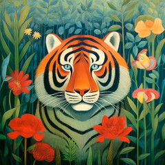 Tiger Portrait mit Blumen