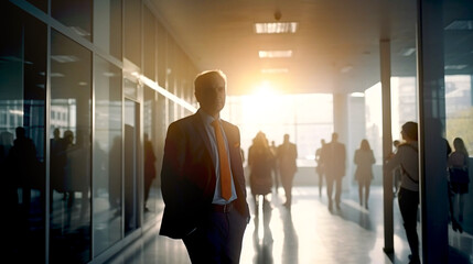 Poster - Silhouettes of businessman walking in office lobby with big windows. Sun light at the background. Business concept AI generative illustration 