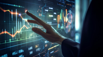 Hand of  businessman typing on Touchscreen, controlling and monitoring progress. neon lines and graphs, data, global market information. Technology and business concept AI generative illustration 