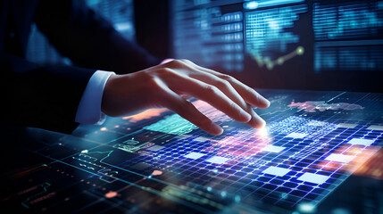 Hand of  businessman typing on Touchscreen, controlling and monitoring progress. neon lines and graphs, data, global market information. Technology and business concept AI generative illustration 