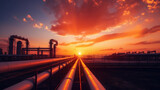 Fototapeta  - an oil field during sunset with pipes