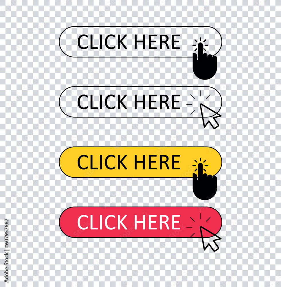 Click cursor set button with hand pointer clicking. Click here web ...