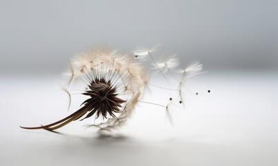 Poster -  a dandelion blowing in the wind on a white surface.  generative ai