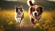 Couple of friends a dog and a cat run merrily through a summer flowering meadow. Generative AI.