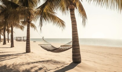  a hammock between two palm trees on a beach.  generative ai