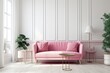 © Lasvu - a pink sofa in a white living room with room for a mockup,. Generative AI