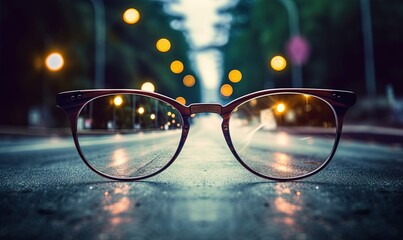  a pair of glasses sitting on the side of a road with lights in the background of the glasses and a blurry image of a street.  generative ai