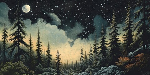 Wall Mural - AI Generated. AI Generative. Illustration of night sky nature outdoor forest mountain landscape scene. Graphic Art