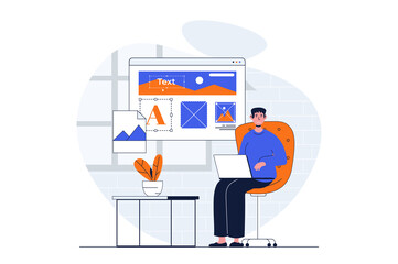 App development web concept with character scene. Man programming and creating interface layout at screen. People situation in flat design. Illustration for social media marketing material.