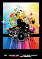 Poster - Rainbow Techno Discoteque Flyer with Abstract DJ silhouette.