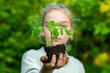 © Petr Bonek - Young teenage girl holds a tomato sprout in her outstretched hands. Women's hands carefully stretch out a young tomato sprout. Spring planting vegetables in the garden.