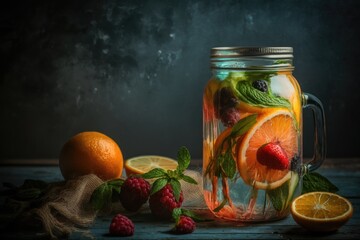 Wall Mural - Water with detoxifying fruits. Selective attention on a refreshing summer homemade beverage. Generative AI