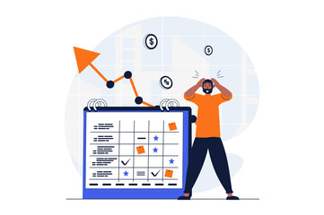 Wall Mural - Business planning web concept with character scene. Man creates meetings in calendar and rushes to deadlines. People situation in flat design. Illustration for social media marketing material.