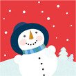 Cute snowman on red background. Vector cartoon illustration.