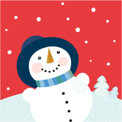 Poster - Cute snowman on red background. Vector cartoon illustration.