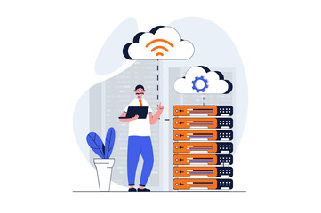Cloud data center web concept with character scene. Man support work of servers and hosting in hardware room. People situation in flat design. Illustration for social media marketing material.