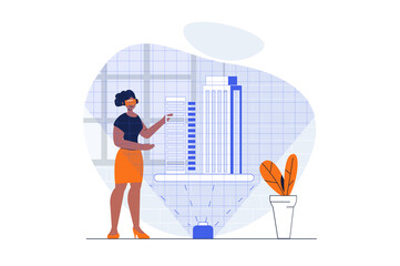 Leinwandbilder - Cyberspace web concept with character scene. Woman in VR creating buildings hologram for architect project. People situation in flat design. Illustration for social media marketing material.