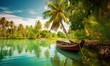  a boat on a river with palm trees in the background.  generative ai