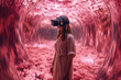 © Trinette Reed - Woman wearing a virtual reality headset in ethereal world.  Generative AI