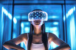 © TRINETTE + CHRIS - Woman wearing a virtual reality headset in metaverse world.  Generative AI