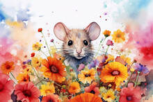 Watercolor Painting Of A Cute Mouse In A Colorful Flower Field. Ideal For Art Print, Greeting Card, Springtime Concepts Etc. Made With Generative AI.
