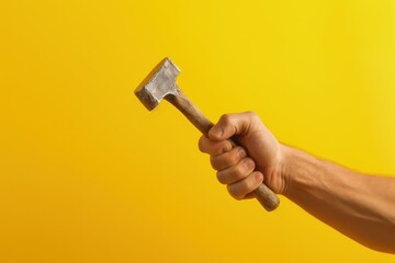 Canvas Print - Hand holding hammer isolated on yellow background, Generative AI