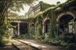 abandoned old train station overgrown with ivy created with Generative AI technology