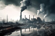 Metallurgical factory or metal processing plant pollution, smoking industrial chimneys. Barren dirty environment. Generative AI