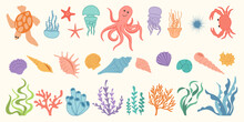 Big Collection Of Underwater Creatures. Cute Colorful Hand Drawn Marine Animals, Seaweed, Seashells. Summer Sea Background With Octopus, Jellyfish, Crab, Star, Turtle