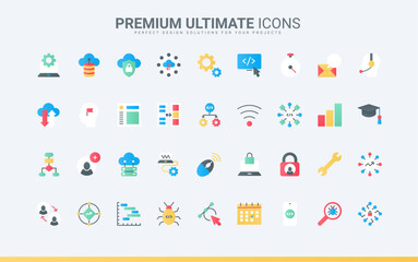 Fototapete - Maintenance of cloud service, data export, modify and synchronisation with server, antivirus programming. Support for computer software, program code trendy flat icons set vector illustration