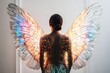 petite woman with large iridescent butterfly wings on her back created with Generative AI technology