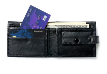 Poster - Black leather wallet with money and credit cards on white background