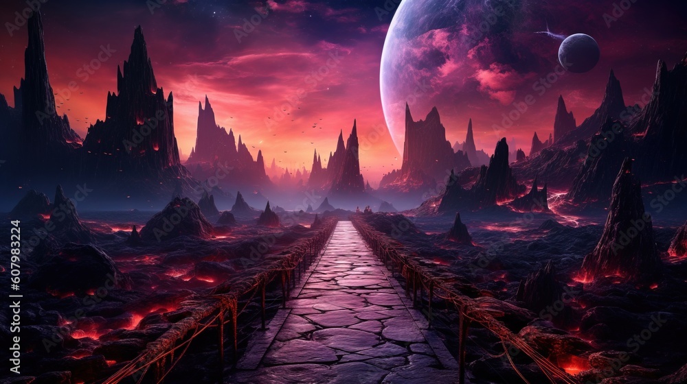a stone path leading to a planet. Generative AI Art. Stock Illustration ...