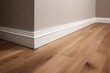 Wooden laminate flooring in a new house with white wall. Baseboard. Created with generative AI