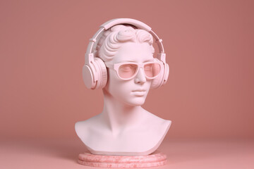 Wall Mural - Antique bust of woman with sunglasses and headphones. AI generated image.