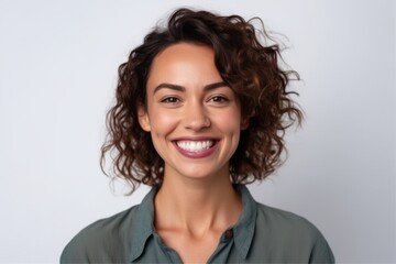 Medium shot portrait photography of a satisfied woman in her 30s that is placed against a white background . Generative AI