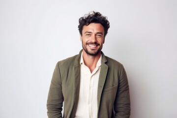 Medium shot portrait photography of a satisfied man in his 30s that is wearing a chic cardigan against a white background . Generative AI