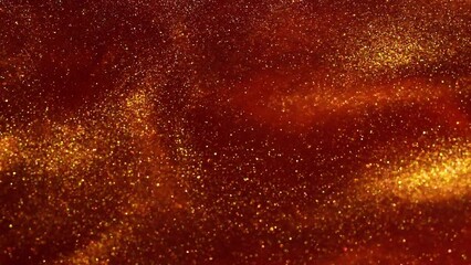 Wall Mural - The swirling motion of gold particles in the red liquid. Golden dust particles floating abstractly in red fluid. Beautiful shiny background.