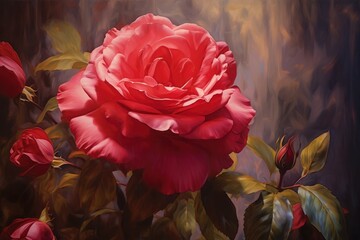 Canvas Print - Rose deep crimson strokes intertwine, unveiling the passion and allure within. Fragrance lingers, a testament to nature's masterpiece. Generative AI