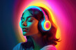 Beautiful smiling girl wearing neon headphones 